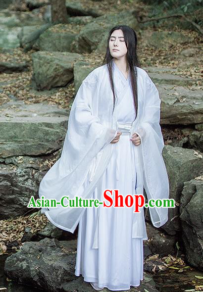 Traditional Chinese Jin Dynasty Nobility Childe Costumes Ancient Swordsman White Clothing for Men