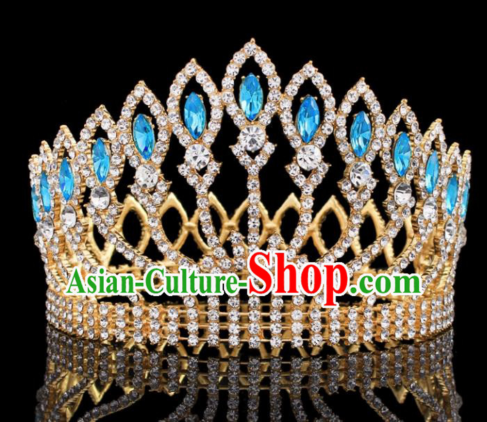 Top Grade Baroque Court Queen Blue Crystal Royal Crown Wedding Bride Hair Accessories for Women