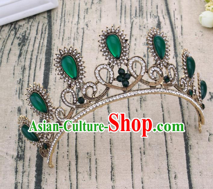 Handmade Bride Wedding Hair Jewelry Accessories Baroque Green Crystal Royal Crown for Women