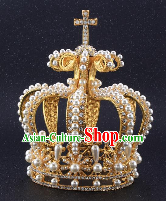 Top Grade Queen Pearls Golden Royal Crown Retro Baroque Wedding Bride Hair Accessories for Women