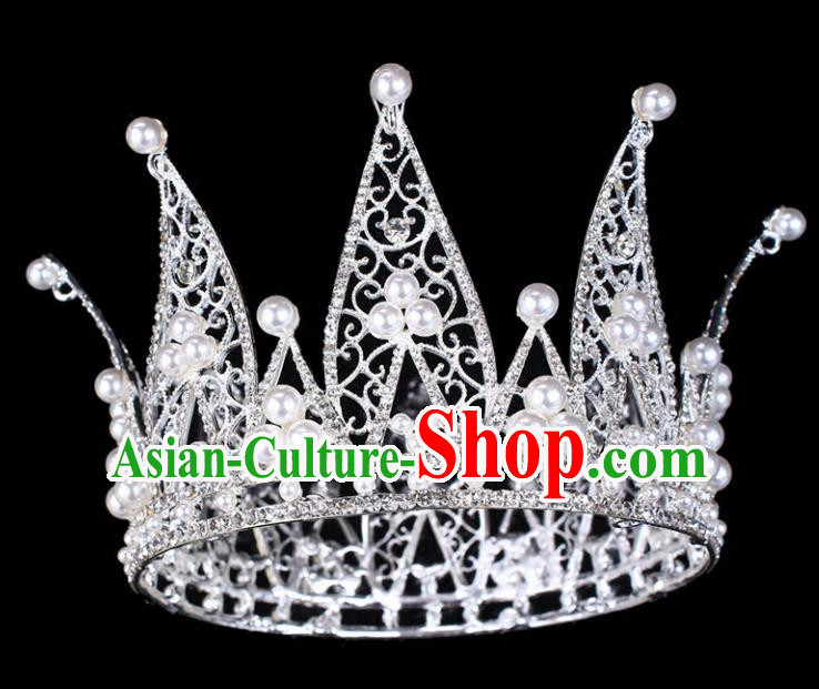Handmade Bride Wedding Hair Jewelry Accessories Baroque Queen Crystal Pearls Argent Royal Crown for Women
