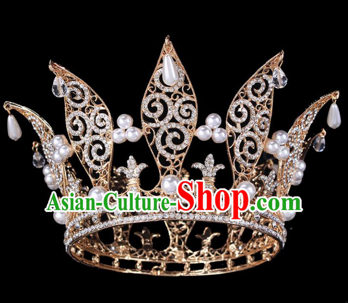 Handmade Bride Wedding Hair Jewelry Accessories Baroque Queen Crystal Pearls Golden Royal Crown for Women