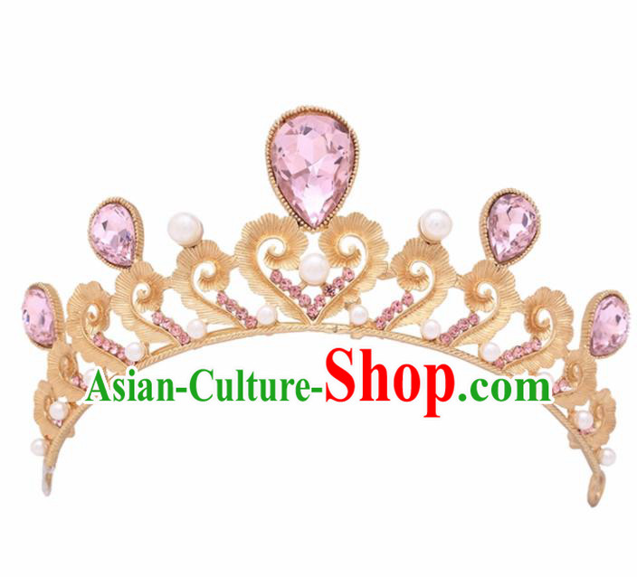 Handmade Bride Wedding Hair Jewelry Accessories Baroque Queen Pink Crystal Royal Crown for Women