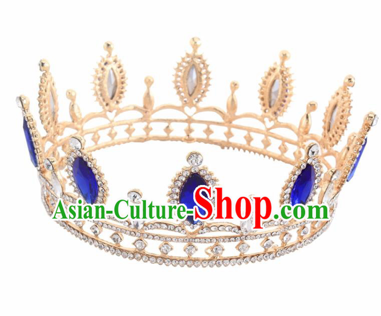 Top Grade Baroque Court Princess Blue Crystal Round Royal Crown Wedding Bride Hair Accessories for Women