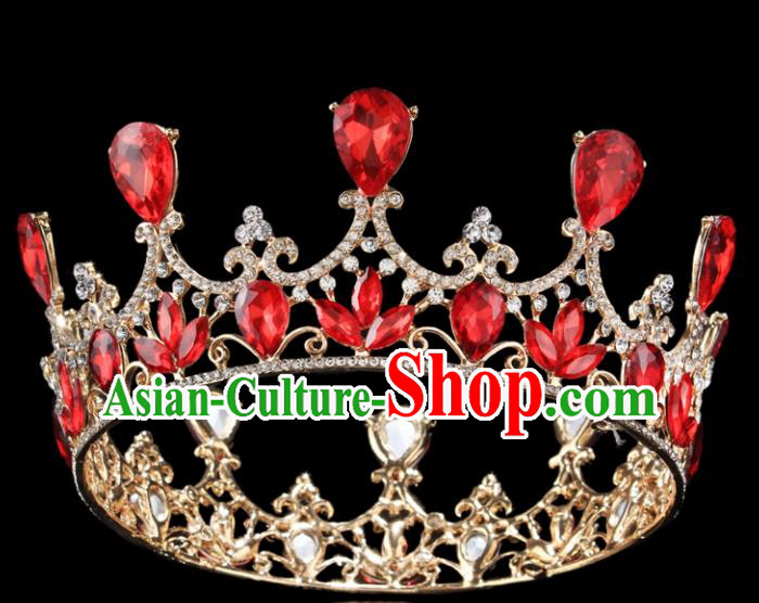 Top Grade Baroque Court Princess Red Crystal Round Royal Crown Wedding Bride Hair Accessories for Women