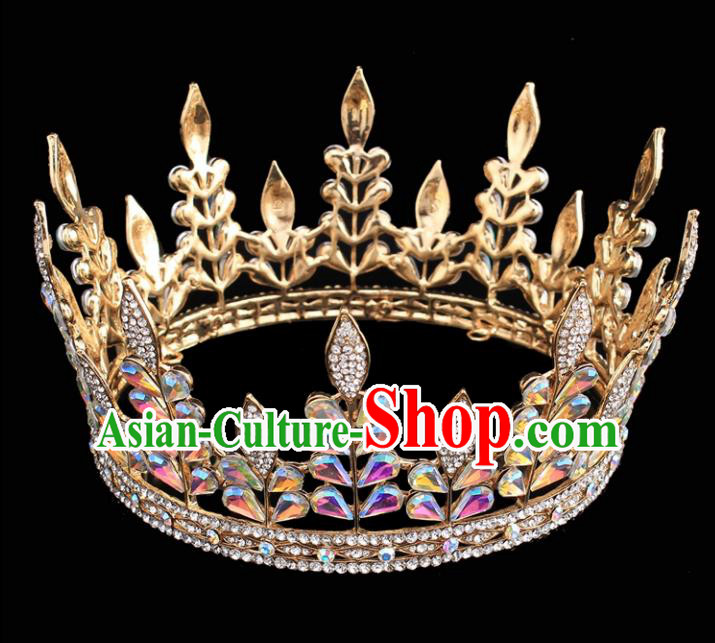 Top Grade Queen Round Golden Royal Crown Retro Baroque Wedding Bride Hair Accessories for Women