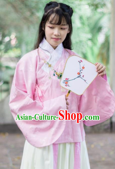 Traditional Chinese Ancient Ming Dynasty Costume Nobility Lady Pink Satin Blouse for Rich Women