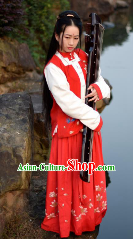 Ancient Chinese Ming Dynasty Nobility Lady Embroidered Red Costumes Complete Set for Women