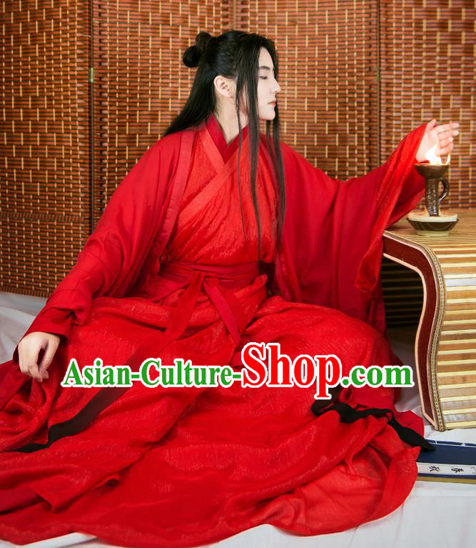 Chinese Ancient Han Dynasty Swordsman Wedding Red Costumes Complete Set for Men