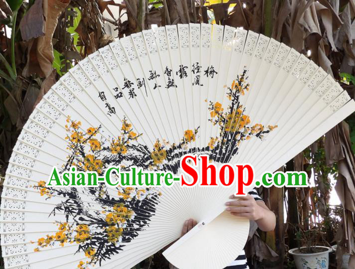 Chinese Traditional Wood Fans Decoration Crafts Handmade Printing Yellow Plum Blossom Folding Fans