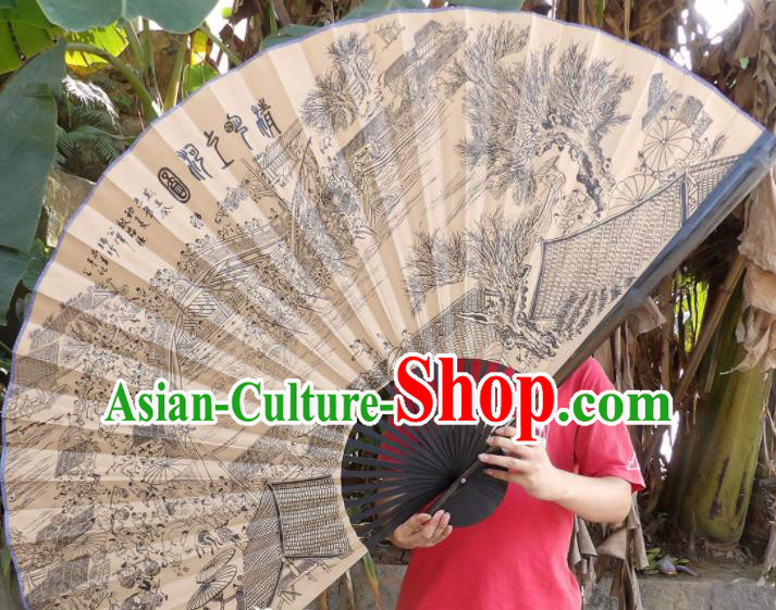 Chinese Traditional Handmade Paper Fans Decoration Crafts Printing Black Frame Folding Fans