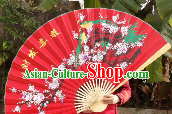 Chinese Traditional Handmade Red Silk Fans Decoration Crafts Ink Painting Plum Blossom Wood Frame Folding Fans