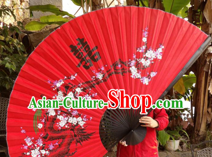Chinese Traditional Handmade Red Silk Fans Decoration Crafts Ink Painting Plum Blossom Black Frame Folding Fans