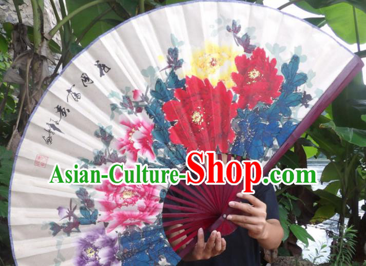 Chinese Traditional Decoration Crafts Red Wood Frame Folding Fans Hand Painting Peony Flowers Paper Fans