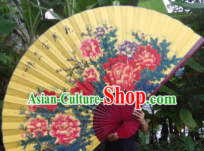 Chinese Traditional Fans Decoration Crafts Red Frame Hand Painting Peony Folding Fans Yellow Paper Fans