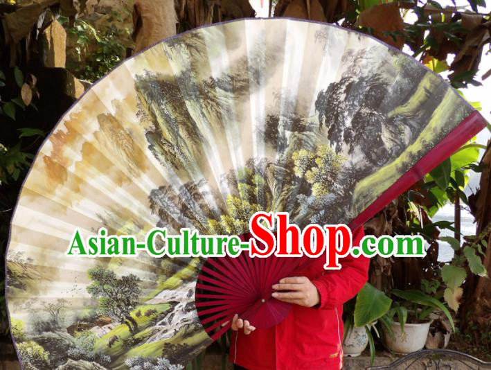 Chinese Traditional Fans Decoration Crafts Hand Ink Painting Landscape Red Frame Folding Fans Paper Fans