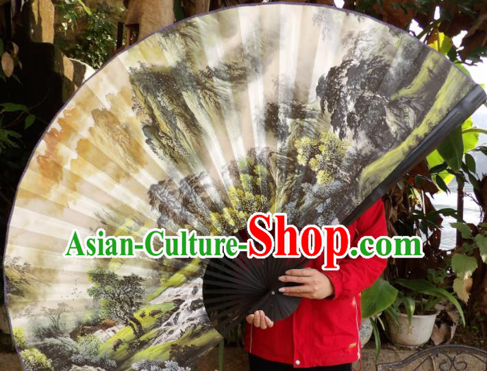 Chinese Traditional Fans Decoration Crafts Hand Ink Painting Landscape Black Frame Folding Fans Paper Fans