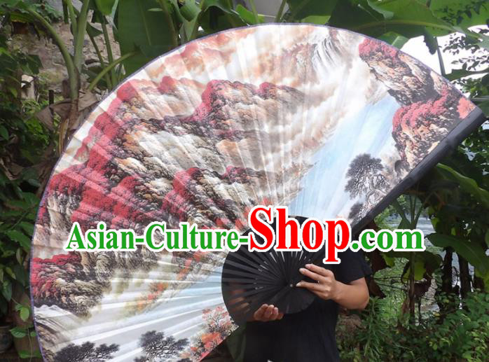 Chinese Traditional Fans Decoration Crafts Black Frame Ink Painting Mountain View Folding Fans Paper Fans