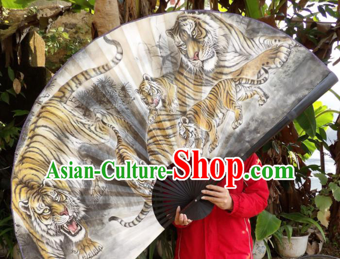 Chinese Traditional Fans Decoration Crafts Painting Tigers Black Frame Folding Fans Paper Fans