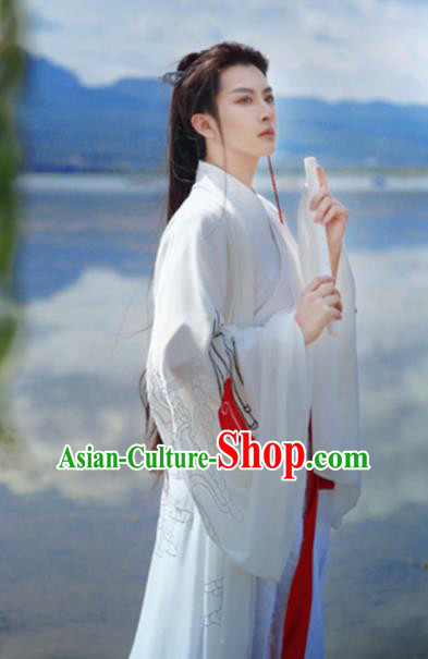 Traditional Chinese Jin Dynasty Nobility Childe Costumes Ancient Swordsman White Hanfu for Men