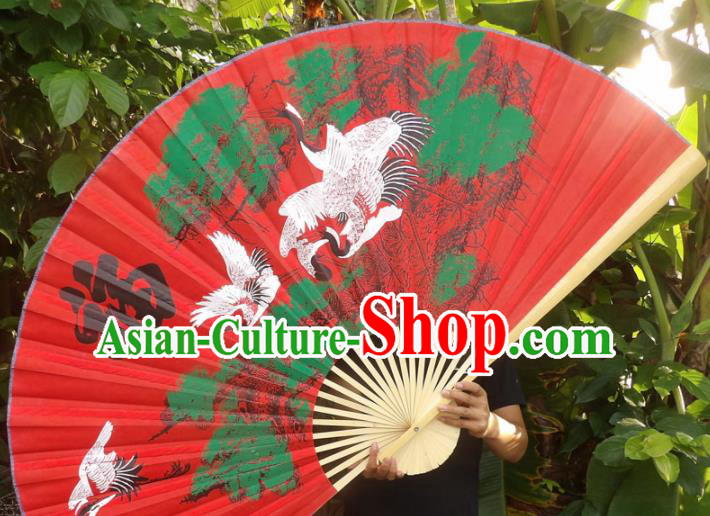 Chinese Traditional Handmade Red Silk Fans Decoration Crafts Painting Cranes Wood Frame Folding Fans