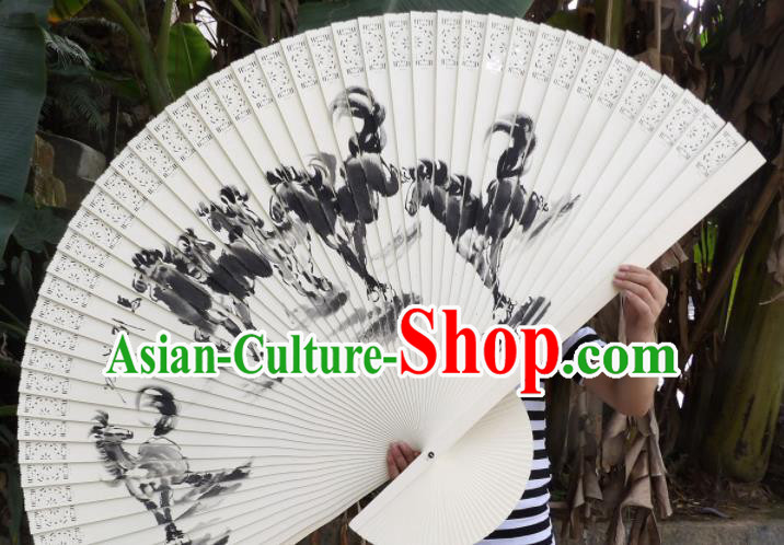 Chinese Traditional Handmade Wood Fans Decoration Crafts Ink Painting Horses Folding Fans
