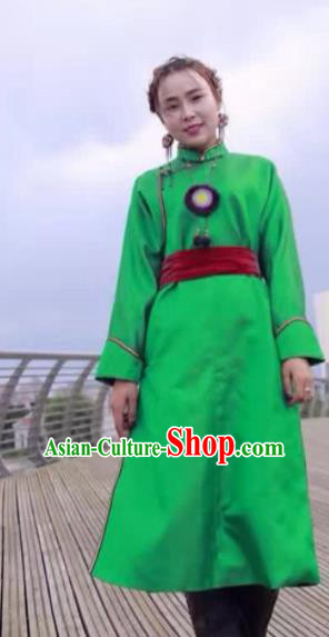 Chinese Mongol Minority Ethnic Costume Traditional Light Green Brocade Mongolian Robe for Women