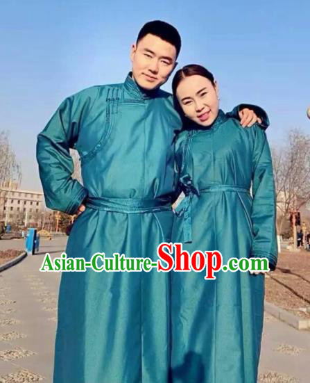 Chinese Mongol Minority Ethnic Costume Traditional Blue Brocade Mongolian Robe for Women for Men