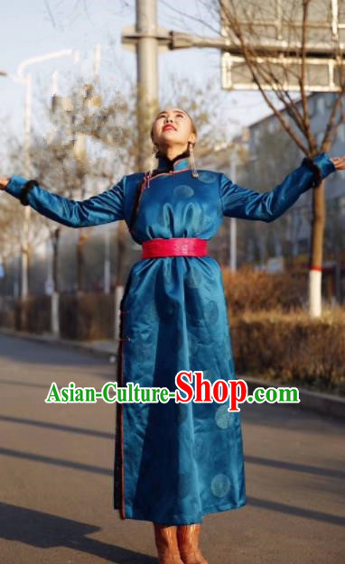 Chinese Traditional Mongol Ethnic Female Costume Mongolian Minority Nationality Blue Robe for Women