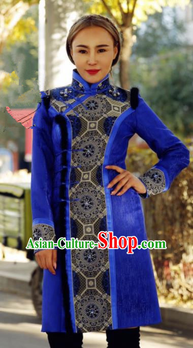 Chinese Traditional Mongol Ethnic Female Costume Mongolian Minority Nationality Royalblue Dress for Women
