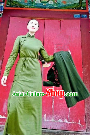 Chinese Traditional Mongol Minority Ethnic Costume Mongolian Green Dress for Women