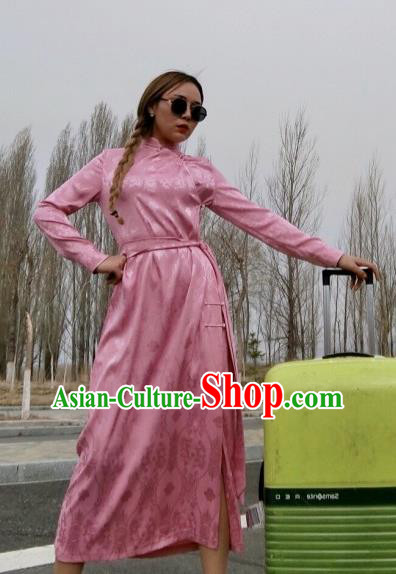 Chinese Traditional Mongol Ethnic Costume Mongolian Minority Nationality Pink Robe for Women