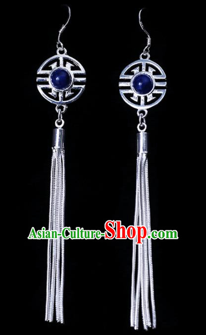 Chinese Traditional Ethnic Jewelry Accessories Eardrop Mongolian Blue Beads Earrings for Women