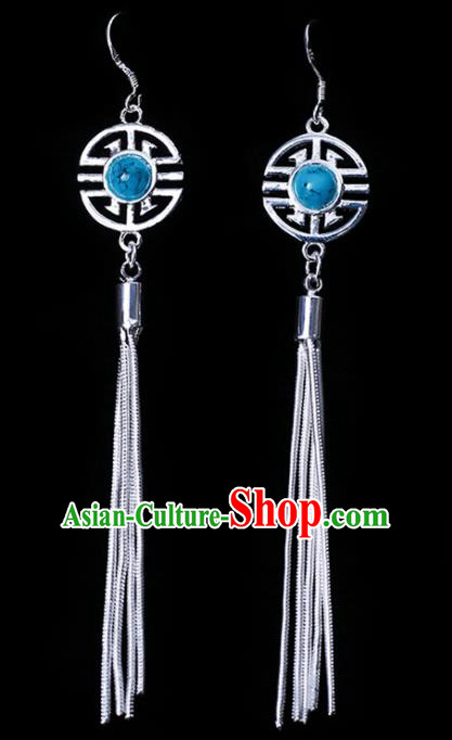 Chinese Traditional Ethnic Jewelry Accessories Eardrop Mongolian Sky Blue Beads Earrings for Women
