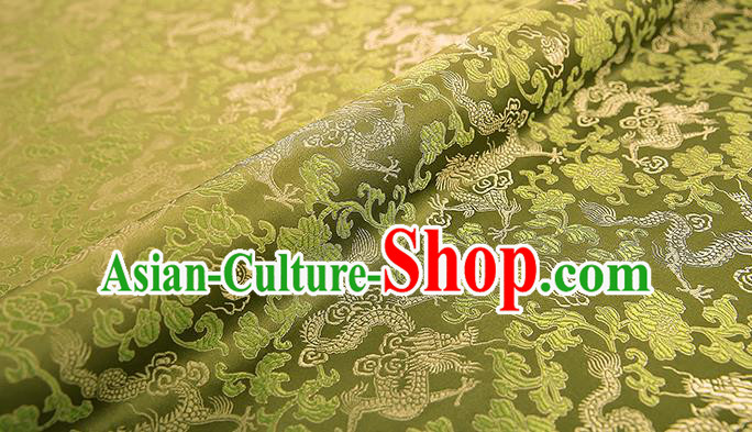 Asian Chinese Olive Green Brocade Fabric Traditional Dragons Pattern Design Satin Pillow Silk Fabric Material