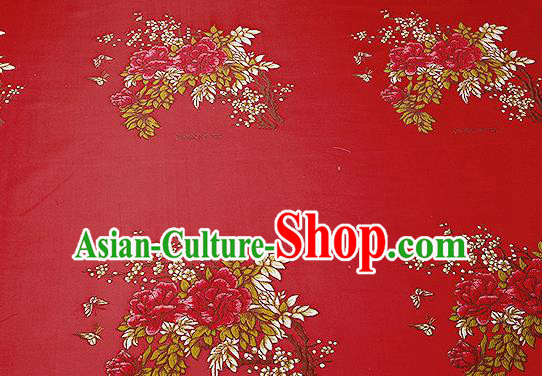 Chinese Traditional Red Brocade Fabric Asian Embroidery Peony Pattern Design Satin Cushion Silk Fabric Material