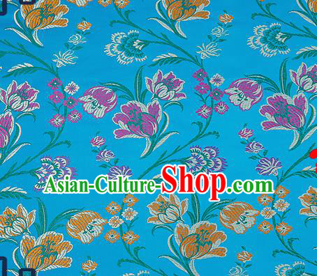 Traditional Chinese Blue Brocade Drapery Classical Tulipa Pattern Design Satin Cheongsam Silk Fabric Material