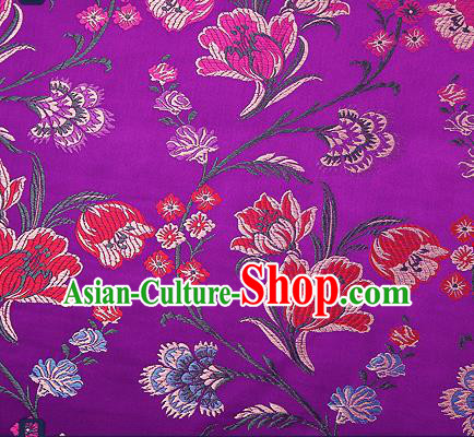 Traditional Chinese Purple Brocade Drapery Classical Tulipa Pattern Design Satin Cheongsam Silk Fabric Material