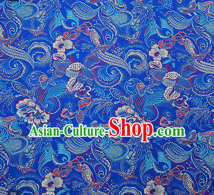 Traditional Chinese Blue Brocade Drapery Classical Butterfly Peony Pattern Design Satin Cheongsam Silk Fabric Material