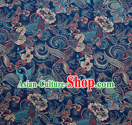 Traditional Chinese Navy Brocade Drapery Classical Butterfly Peony Pattern Design Satin Cheongsam Silk Fabric Material