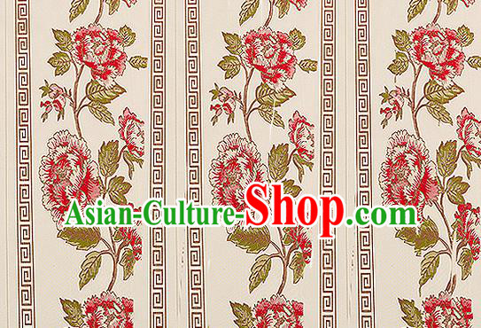 Traditional Chinese Classical Beige Satin Brocade Drapery Embroidery Peony Pattern Design Cushion Silk Fabric Material