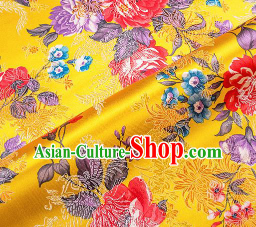 Traditional Chinese Classical Yellow Satin Brocade Drapery Chrysanthemum Peony Pattern Design Qipao Dress Silk Fabric Material
