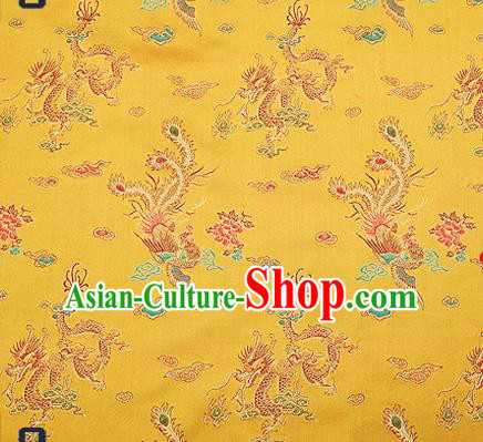 Traditional Chinese Classical Golden Satin Brocade Drapery Dragon Phoenix Pattern Design Qipao Dress Silk Fabric Material