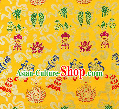Traditional Chinese Yellow Nanjing Brocade Drapery Classical Fishes Pattern Design Satin Qipao Dress Silk Fabric Material
