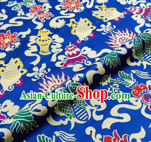 Traditional Chinese Royalblue Nanjing Brocade Drapery Classical Fishes Pattern Design Satin Qipao Dress Silk Fabric Material