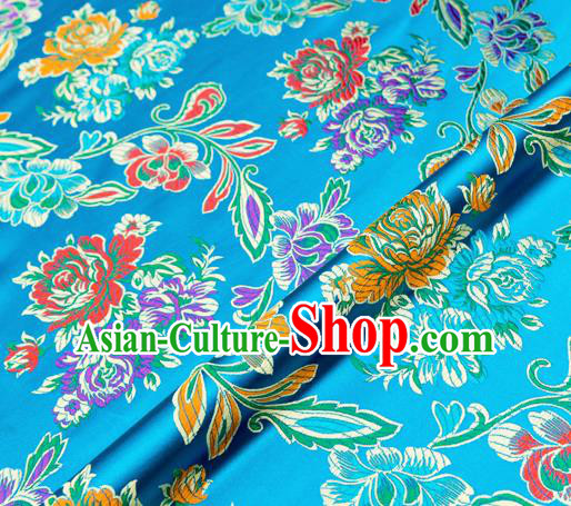 Traditional Chinese Tang Suit Silk Fabric Blue Brocade Material Classical Peony Pattern Design Satin Drapery