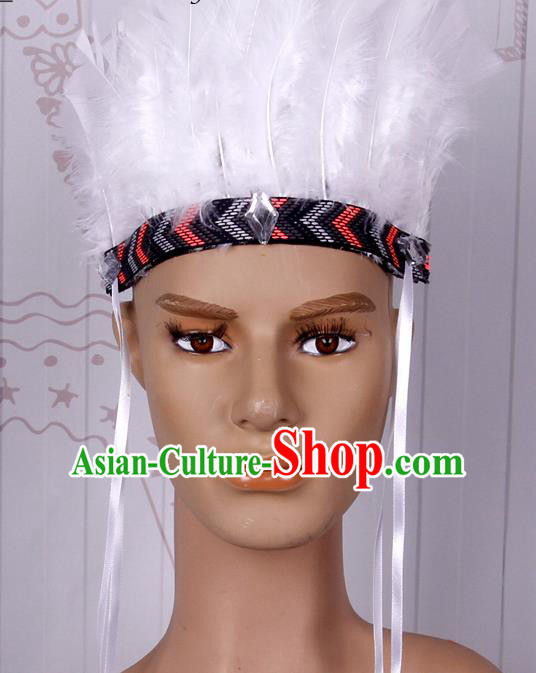 Halloween Catwalks White Feather Hair Accessories Cosplay Primitive Tribe Feather Hat for Adults