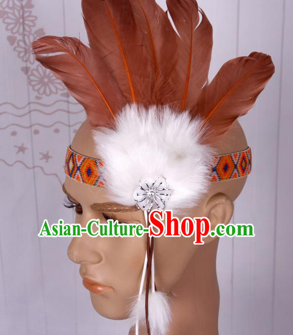 Halloween Catwalks Apache Chief Brown Feather Hair Accessories Cosplay Primitive Tribe Feather Hat for Adults
