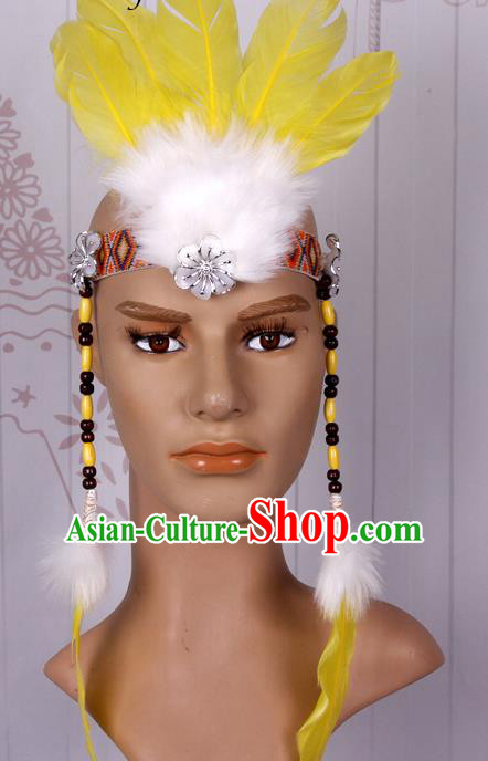 Halloween Catwalks Apache Chief Yellow Feather Hair Accessories Cosplay Primitive Tribe Feather Hat for Adults