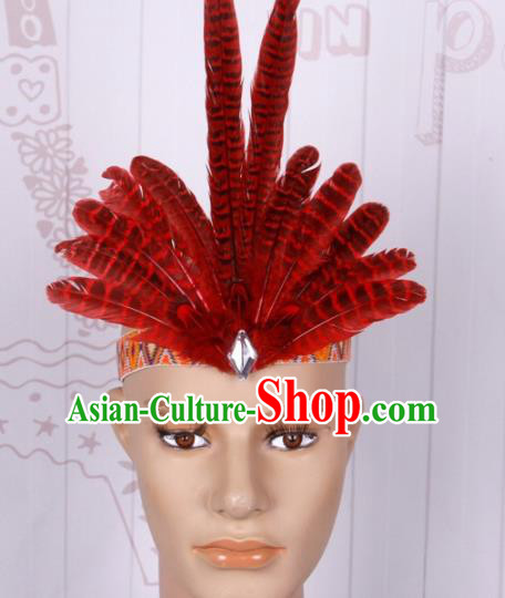 Halloween Catwalks Apache Chief Red Feather Hair Clasp Cosplay Primitive Tribe Feather Hat for Adults